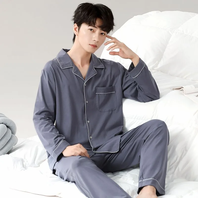 Men Sleepwear Spring Autumn Pure Cotton Long-Sleeved Casual Large Size Homewear Suit Teenagers Cardigan Thin Simple Pajamas Set