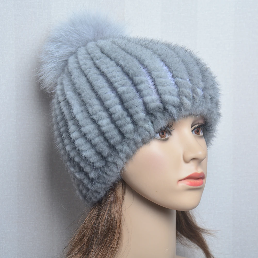 Winter Women Natural Mink Fur Hat Hand Knitted Warm 100% Genuine Mink Fur Cap Russia Lady Real Mink Fur And Fox Fur Pompoms Hats 6