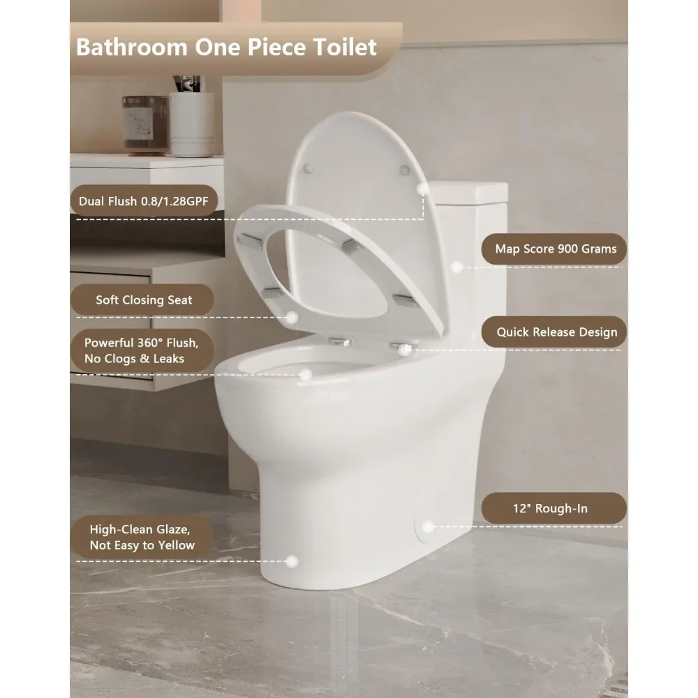 Elongated One Piece Toilet, Dual Flush 0.8/1.28 GPF Toilet with Comfortable Seat Height, Powerful & Quiet Modern Standard Toilet 2