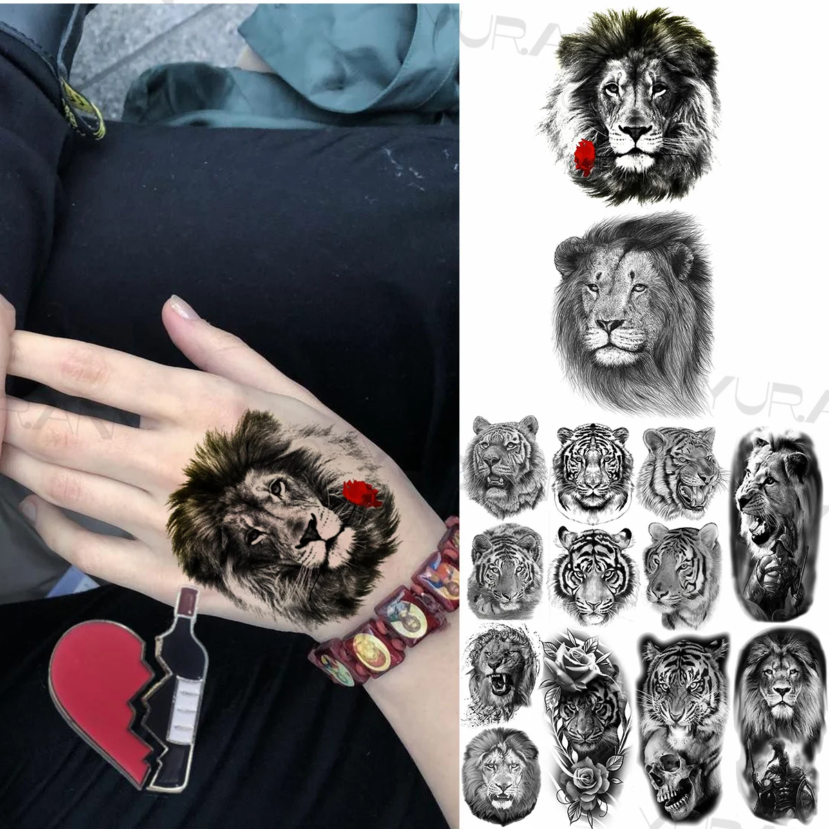 

Large Lion Temporary Tattoos For Women Men Realistic Tiger Skull Flower Warrior Fake Tattoo Sticker Arm Body Tatoos Waterproof