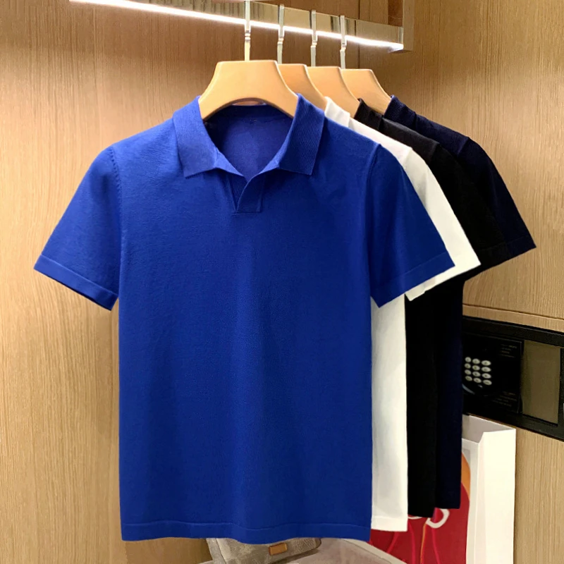 

Однотонные топы с лацканами, Корейская хлопковая рубашка-поло из ледяного шелка для мужчин, коллекция Лето 2022, вязаная приталенная одежда с короткими рукавами C62