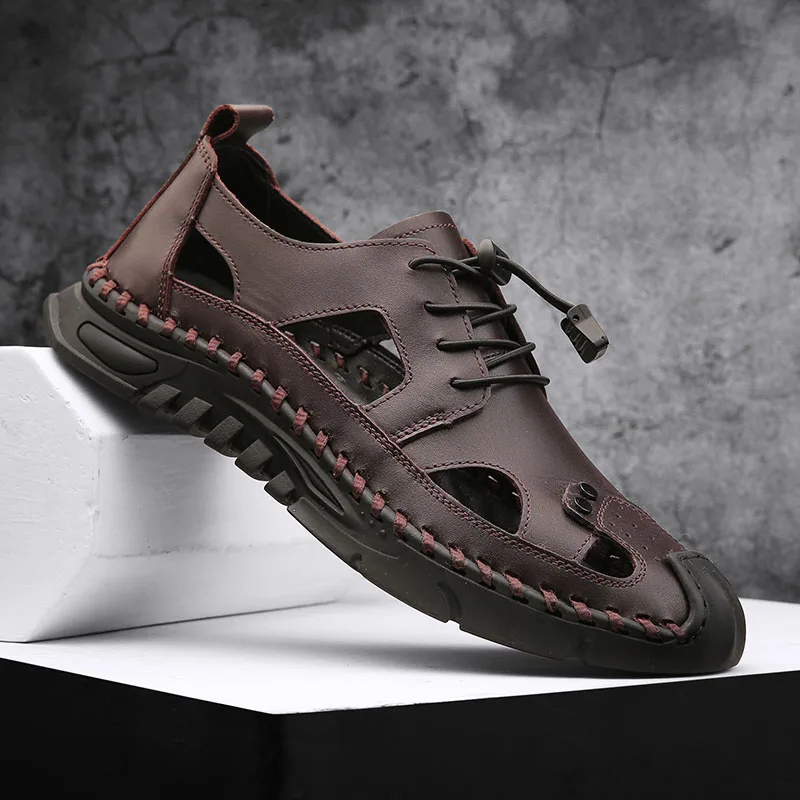 British Style Men Genuine Leather Flat Designer Shoes New Summer Breathable Casual Outdoor Walking Shoes Hand Beach Sandals