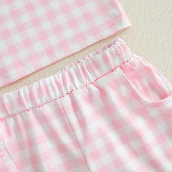 Children s Summer 2 Piece Clothing Set with Short Sleeve O Neck Top Featuring Letter Embroidery and Plaid Shorts 2