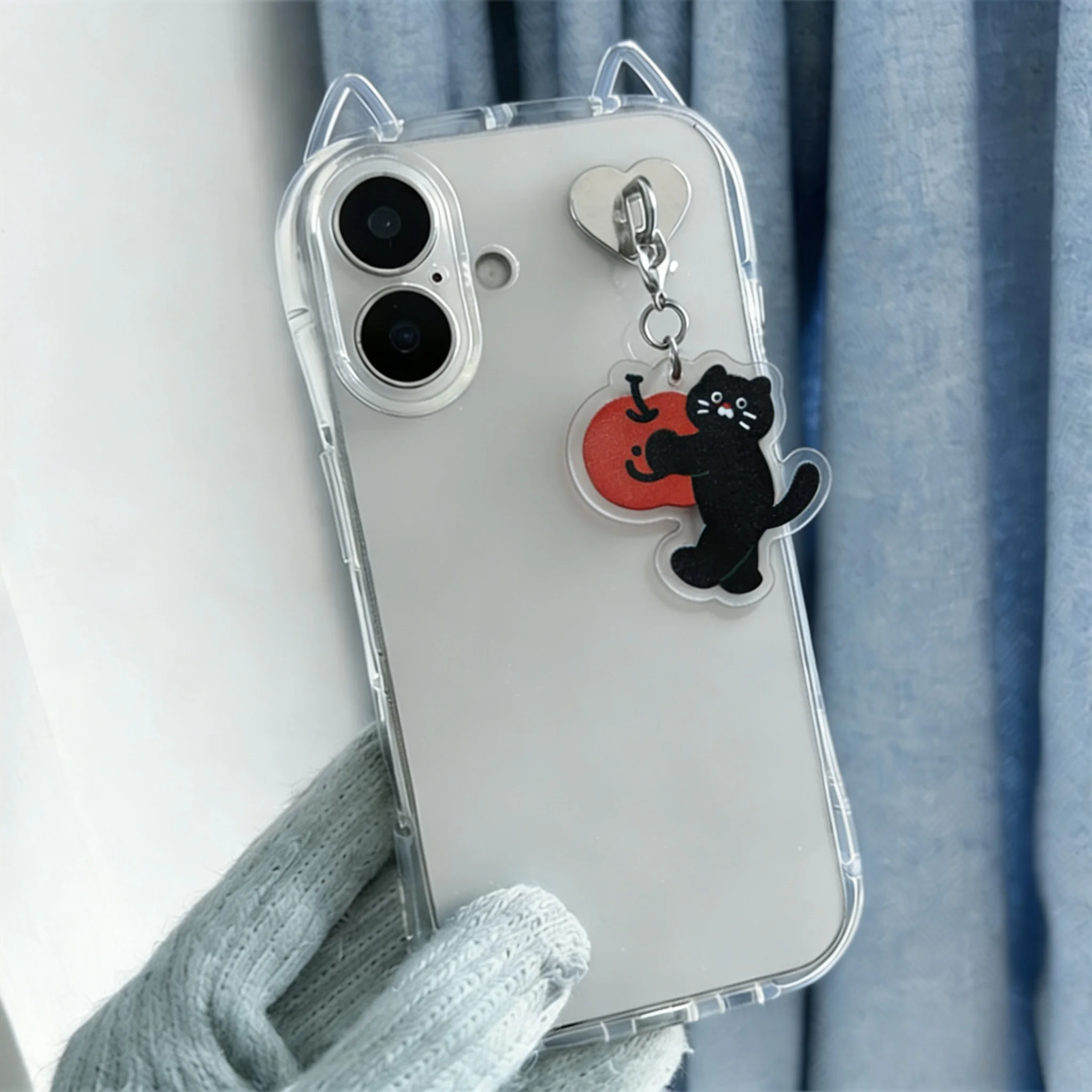 Adorable Black Cat 3D Ears Phone Case with Key Chain Pendant