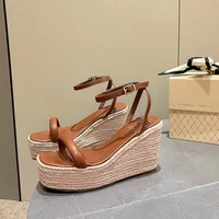 2025 Summer New Buckle Square Head Hemp Wedge Sandals Thin Belt Braided Platform High Heel Shoes For Women