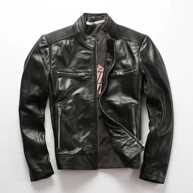 

Мужская мотоциклетная куртка из овечьей кожи, черная теплая куртка большого размера в винтажном стиле, Осень-зима 2024