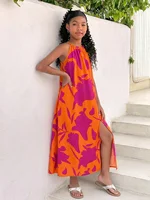 Robe décontractée pour filles, robe d'été tropicale à fleurs, dos nu, avec fente, en orange vif, adaptée aux enfants de 8 à 12 ans 1