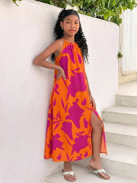 Robe décontractée pour filles, robe d'été tropicale à fleurs, dos nu, avec fente, en orange vif, adaptée aux enfants de 8 à 12 ans 1