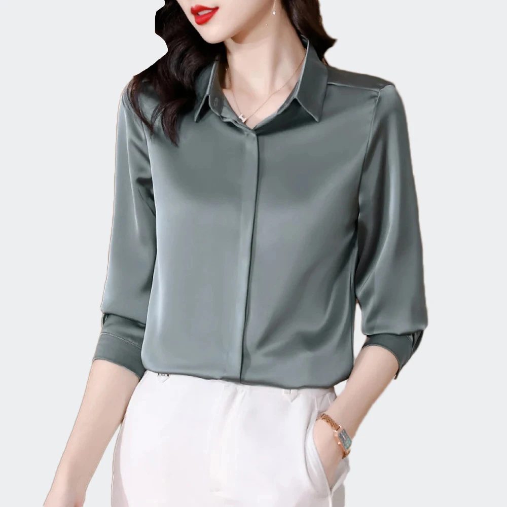 Блузка Женская атласная с длинным рукавом, модная Однотонная рубашка с отложным воротником в винтажном стиле, офисная одежда