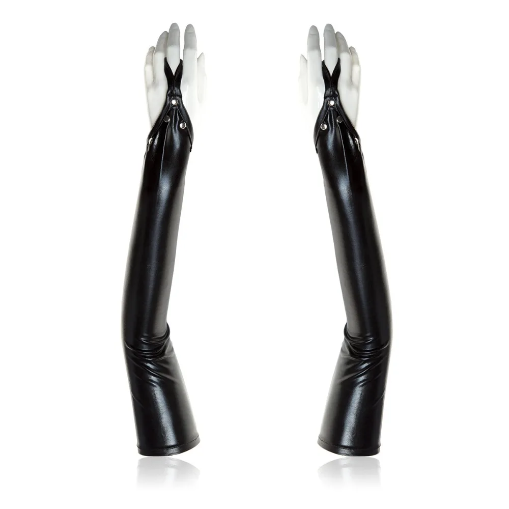 Guantes De Ópera Sin Dedos De Satin Brillante Efecto Mojado – Largos 48 Cm, Metálicos Y Elásticos Para Fiestas Y Cosplay