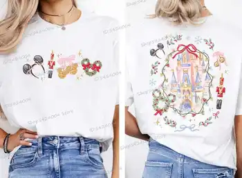 Camiseta Vintage con estampado de Castillo de orejas de Mickey para mujer, camisetas de algodón de manga corta con cuello redondo, camisetas estéticas con lazo de coqueta de Mickey para mujer