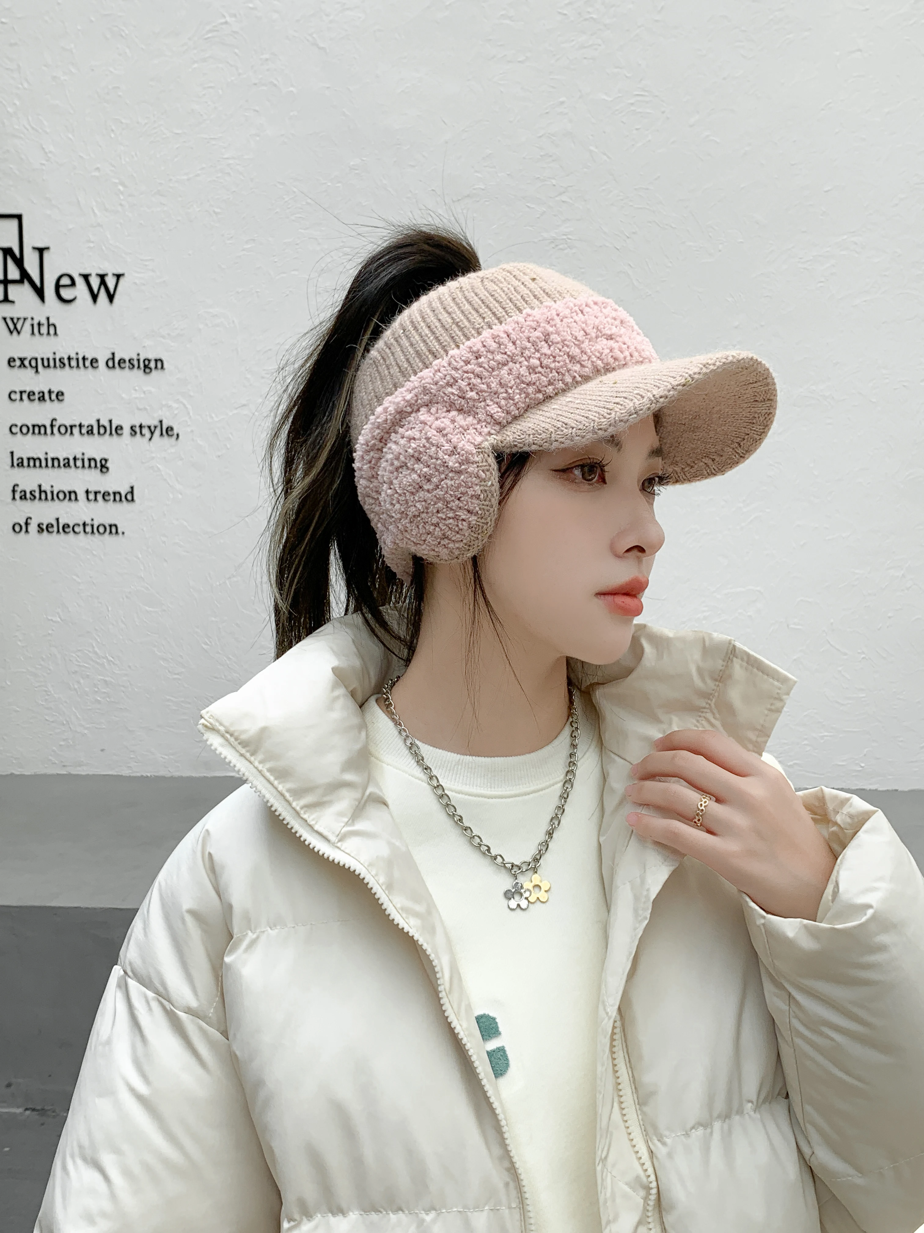 CNTANG 2024 Modetrend mit Ohrenklappen, leeres Oberteil, Baseballkappen, Lammwolle, gestrickt, Damenmütze, Herbst und Winter, dickere warme Mütze – Detail 3
