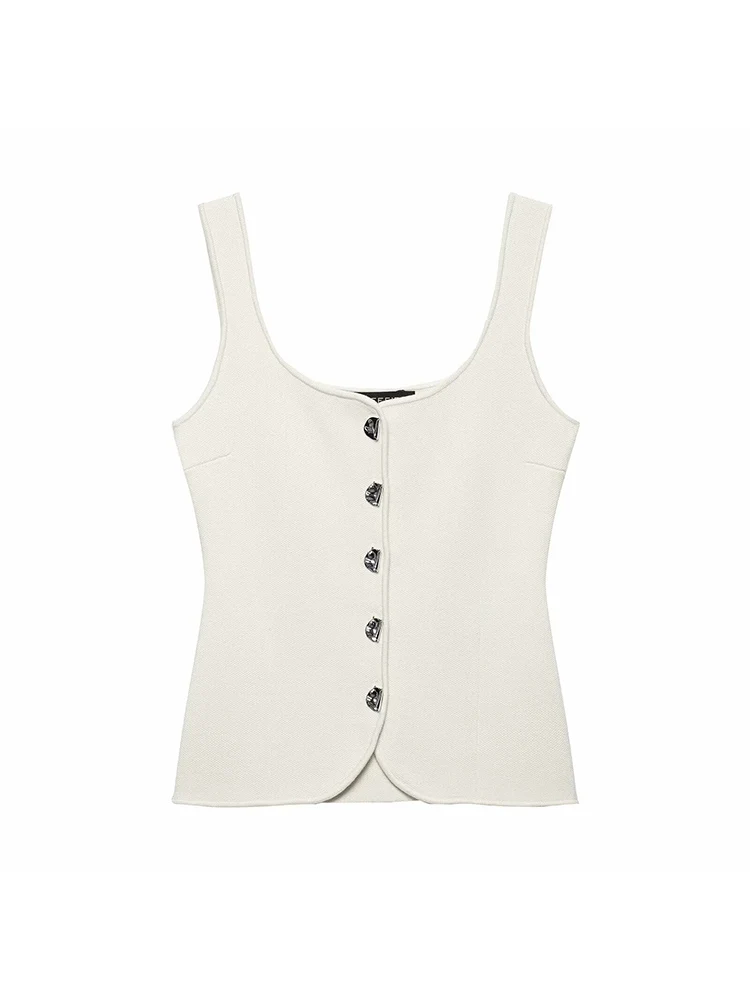 TFMLN 2025 Women Chic Wide Sling Knit Tops Sleeveless Solid Color Single Breasted Camis Tank Lady Slimming Fashion Knitwear