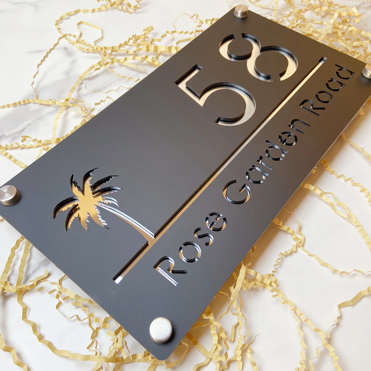 Modern Decor Personalized Custom Acrylic Palms Tree Seaside House Number Sign Plate Outside Address Name Door Wall Room Plaque