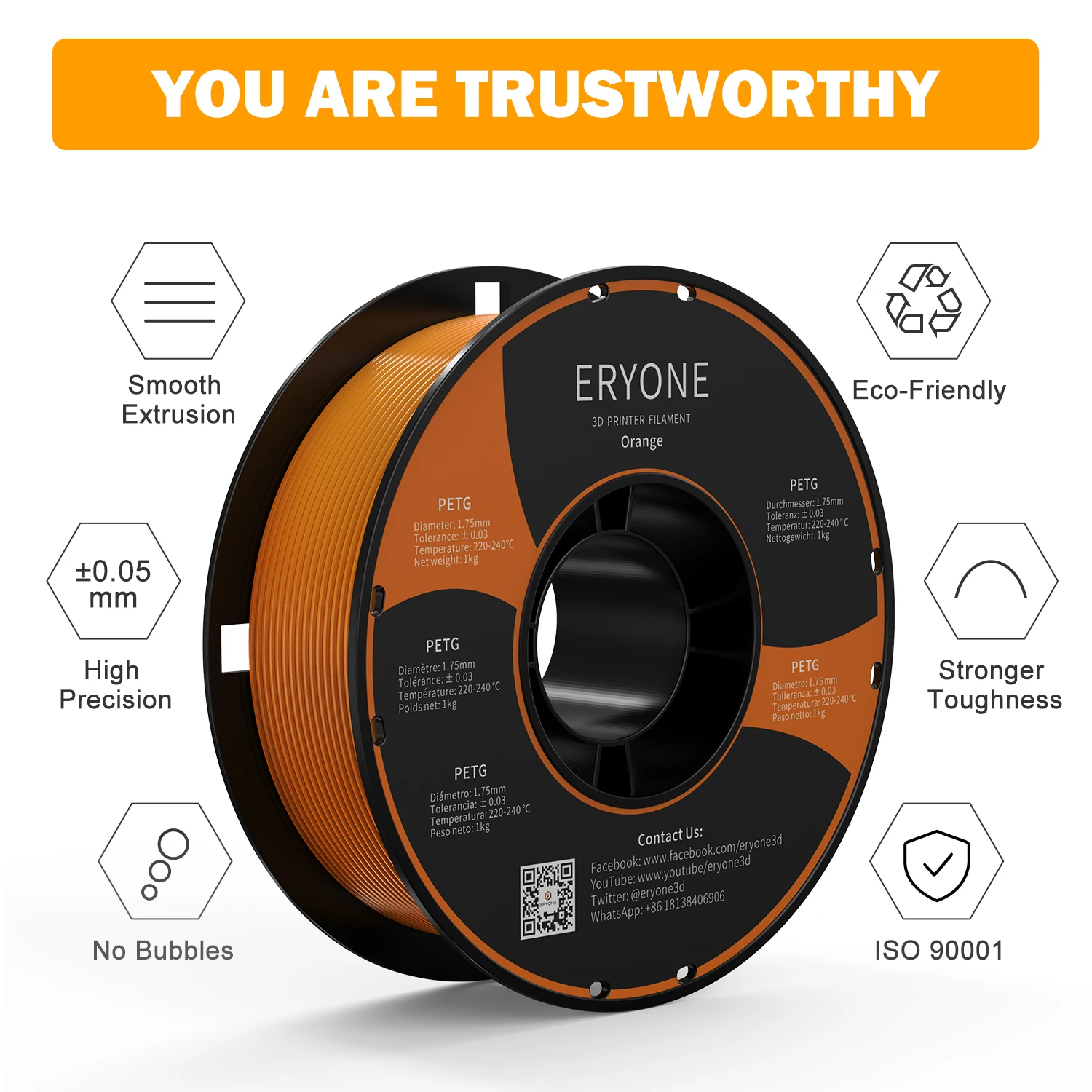 ERYONE PETG Filament 1kg 1.75mm ±0.03mm For 3D Printer,1KG (2.2LBS) 3D Printing Fast Shipping