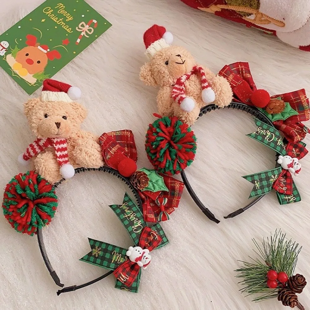 Cute Cartoon Christmas Headband Bear Fluffy Plush Children Headwear New Year Hair Clip Bow Hair Accessories Christmas Gifts