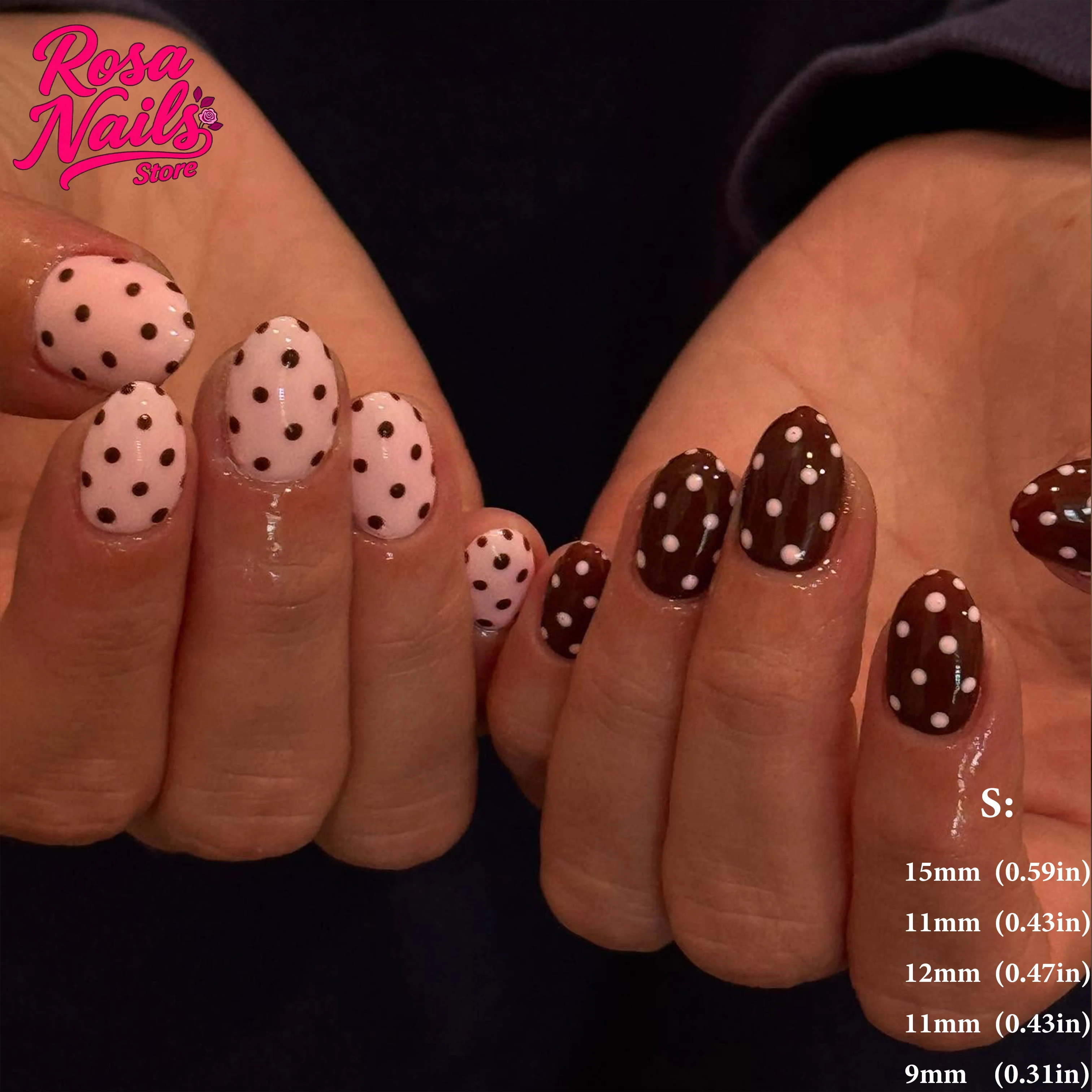Summer Chic Polka Dot Press-On Nails with 3D Floral Accents in Pink, Yellow, and Brown French Tips