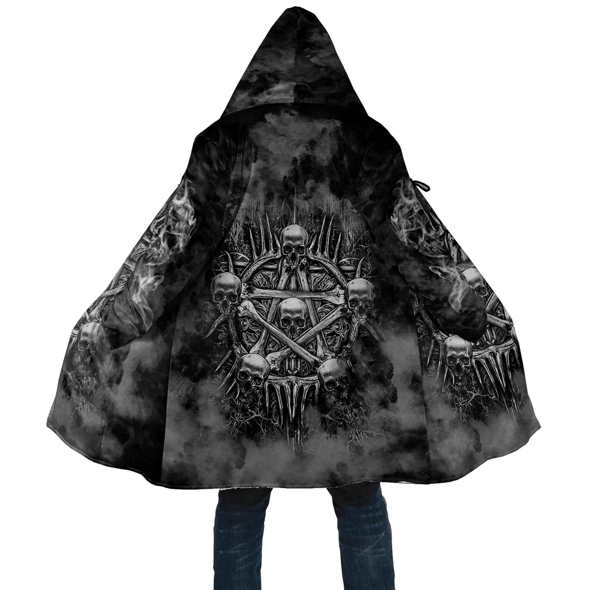 PLstar Cosmos Herren-Umhang, Reaper, Totenkopf-Tattoo, 3D-Allover-bedruckter Fleece-Kapuzenumhang, Unisex, lässig, dick, warm, Cape-Mantel PF69 – Detail 19