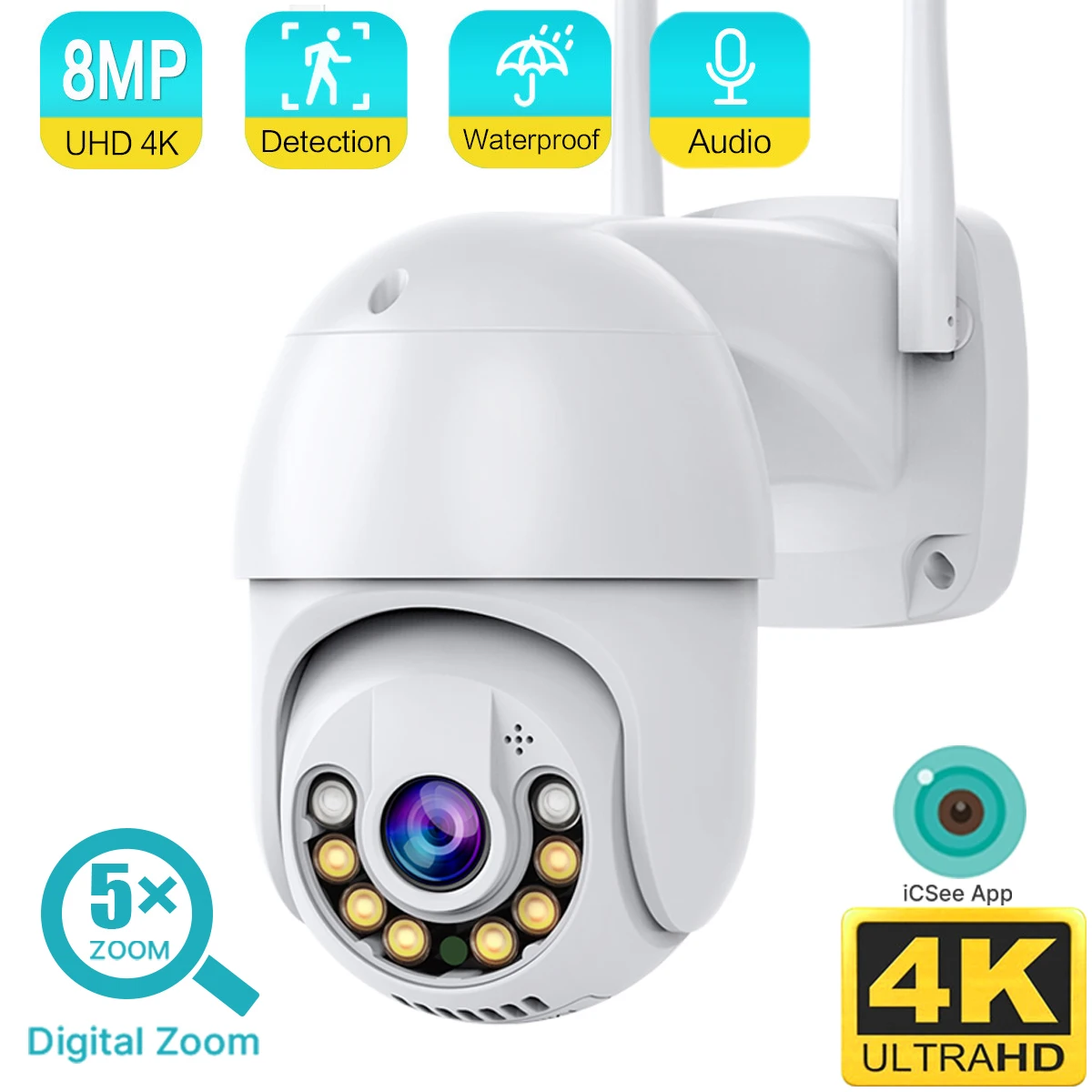 

Камера Наружного видеонаблюдения, 4K, 8 Мп, PTZ, Wi-Fi