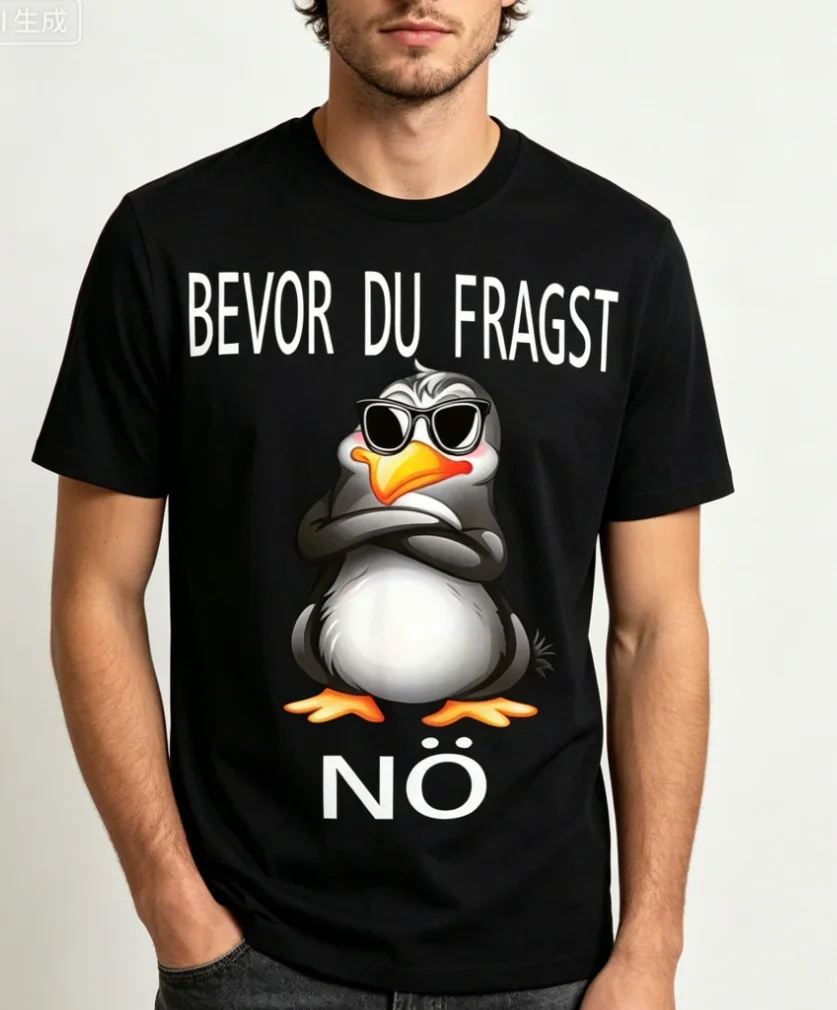 Lustiges deutsches Text-Pinguin-T-Shirt mit „BEVOR U FRAGST NO“-Slogan, Unisex-Rundhals-Kurzarmshirt für Herren und Damen, Schwarz