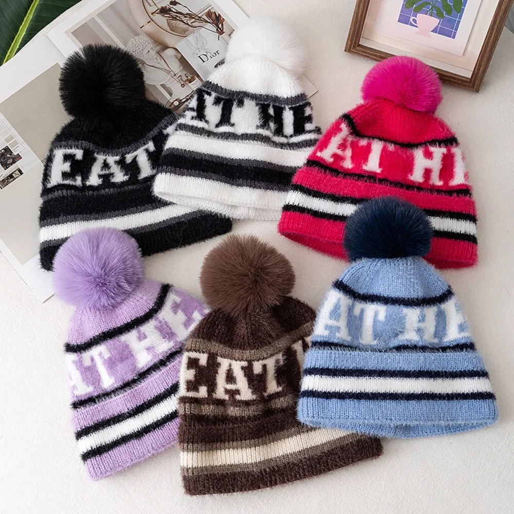New Style Fashion HEAT Letter Beanie Hat Caps Pompoms Warm Winter Hat Y2K Beanie For Woman Girl