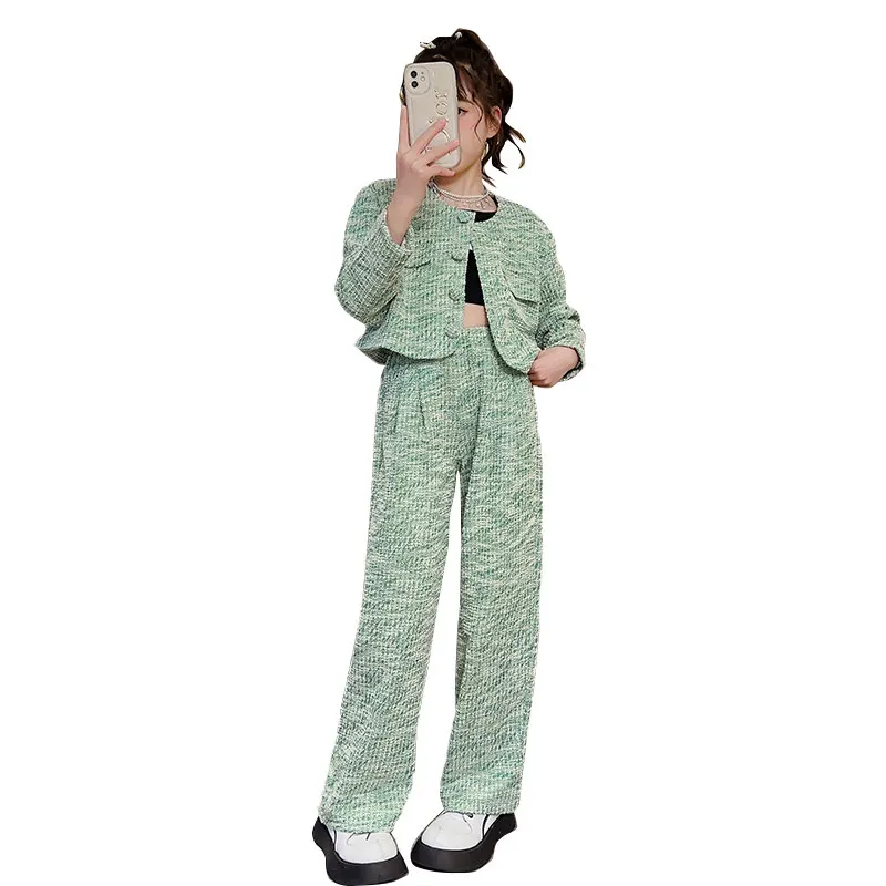

2023 Kids Big Girls Elegant Clothing Set Spring Autumn Jacket+Wide Leg Pants 2Pcs Outfits Set 10 12 14 15 Teenager Girls clothes