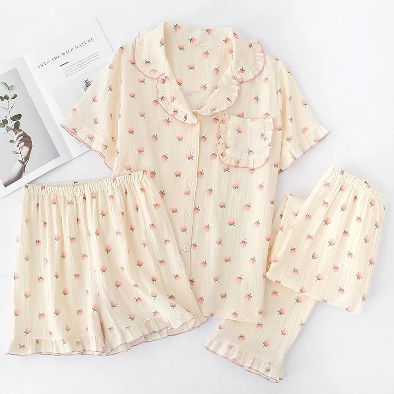 Summer Women's 3-Piece 100% Gauze Cotton Pajama Set - Short-Sleeved Top, Long Pants & Shorts