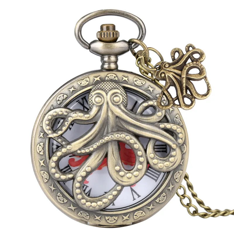 

Bronze Hollow Out Case 3D Octopus Cover Half Hunter Antique Timepiece Quartz Pocket Watch Men Women Necklace Chain Clock Reloj