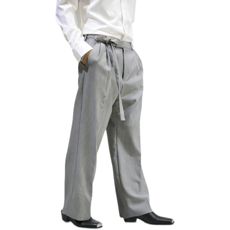 Big fashion brand men's new solid color belt straight tube trend casual pants popular loose suit pants
