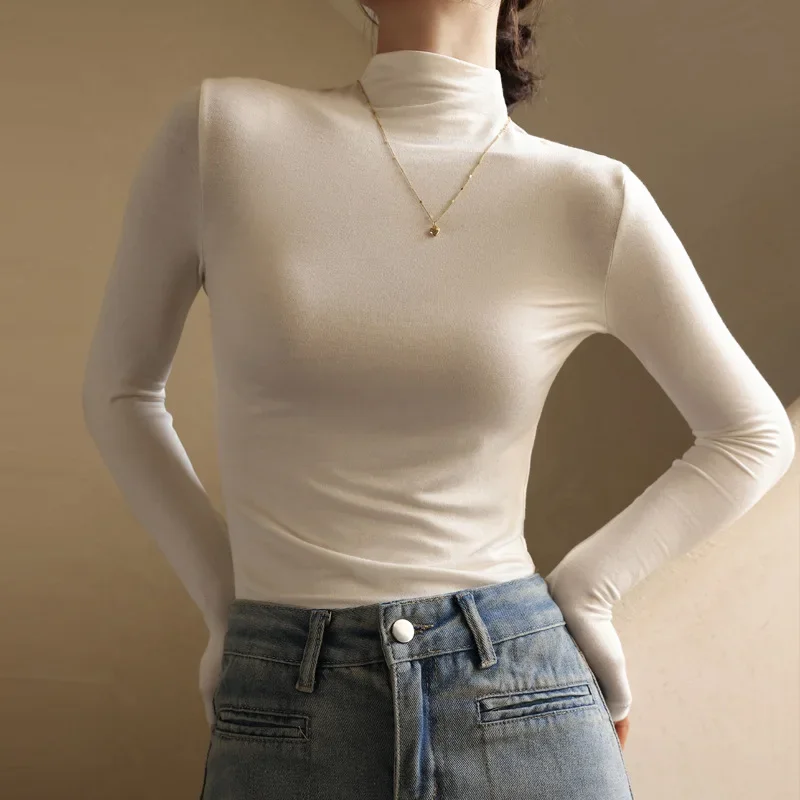 

Autumn Winter Solid Color Fashion Women T-shirts Long Sleeve Bottom Shirt Skinny High Elastic Mock Neck Pullover Tops
