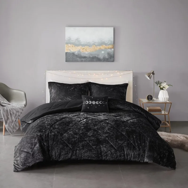 

Home Essence Alyssa Diamond Quilted Black Velvet 4 Piece Comforter Set, Full/Queen