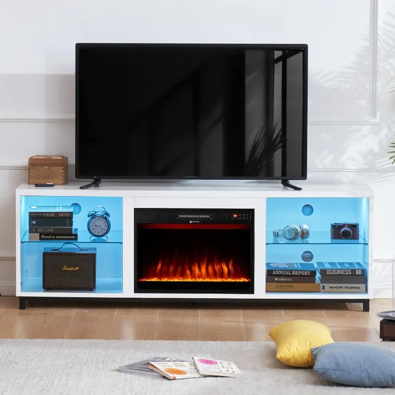 

68 Inch Modern Fireplace TV Stand for TV up to 78 Inch, TV Cabinet with 3D Electric Fireplace,TV Console with Cable Holes