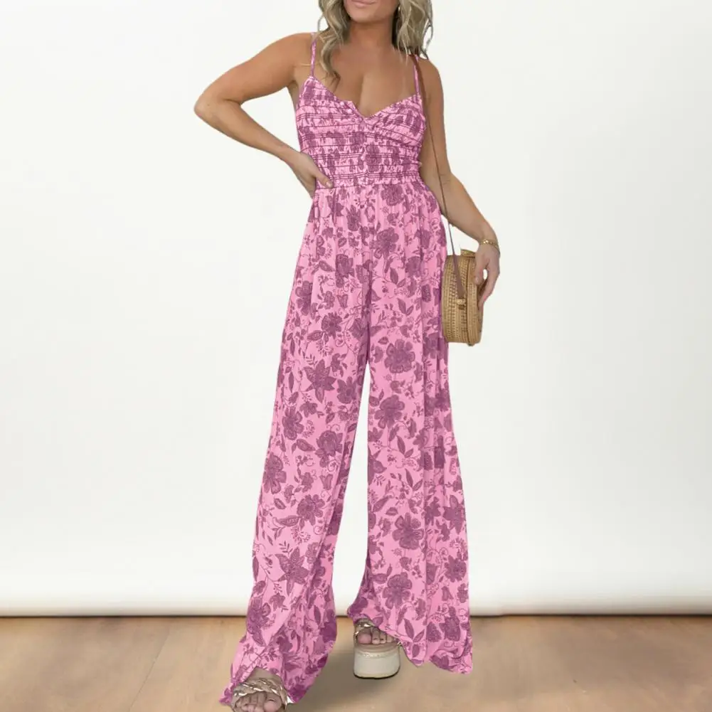 

Wide-leg Jumpsuit Floral Print V Neck Jumpsuit for Women Wide Leg Summer Romper with Elastic Waist Spaghetti Straps for Vacation