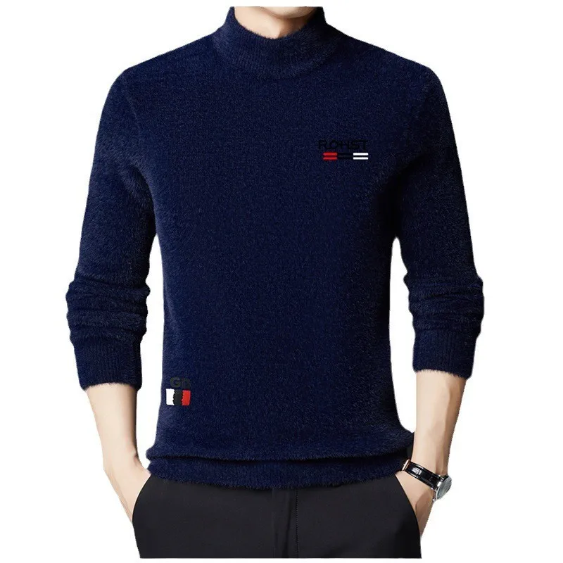 Men's Extra Thick Mink Cashmere Sweater Men's Fashion Warm Keeping Winter Quality plus Size Pure Color Half Collar Knitwear