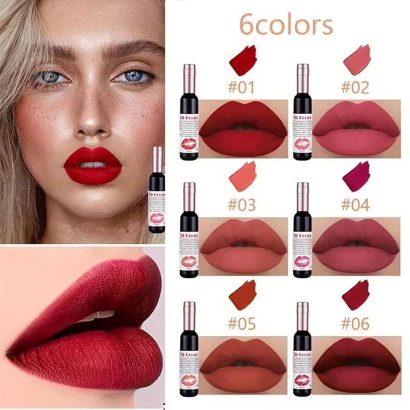 Red Wine Bottle Design Makeup Lip Gloss,Velvet Matte Lip Gloss Liquid Lipstick, High Colour Development,for Natural Lip Makeup 2