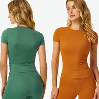 HBC Women's Sports Shirts Yoga Short-sleeved T-shirt Breathable Quick-dry Running T-Shirt Fitness Top Gym Slim Active Top Tee 1