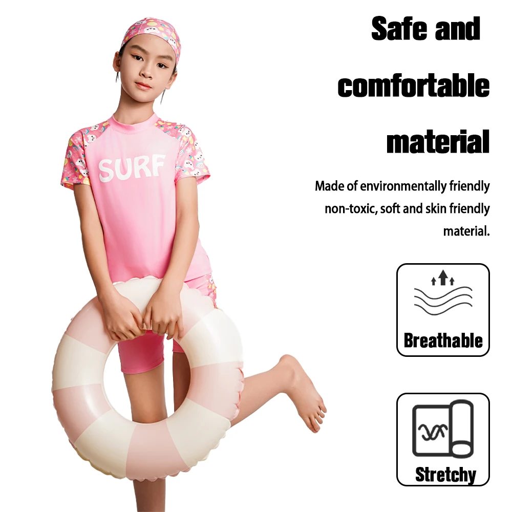 Cartoon Print Kids Girls Swimwear Girl Swimsuit Children Three-Piece Suits Split Design Suitable For Girl Beachwear with Hat