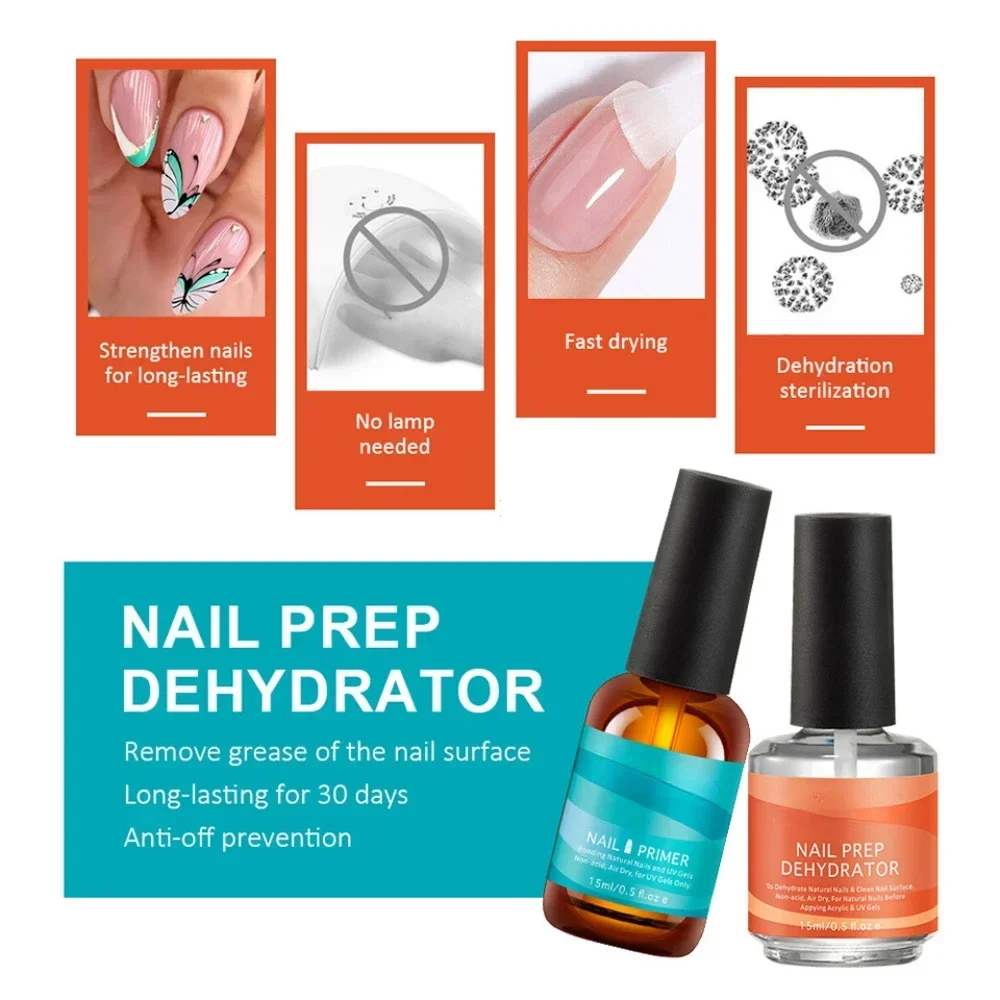 15ml Nail Primer Fast Air Dry Prep Dehydrator For Nail Soak Off Base Primer Gel First Nails Gel 2Pcs For Manicure Tools
