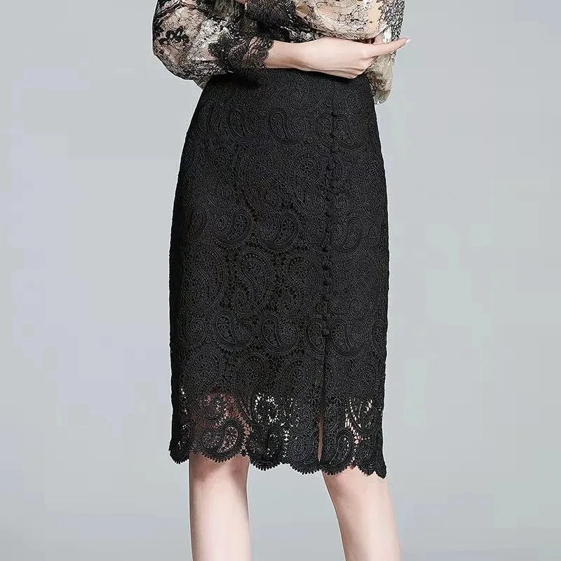 Fashion Summer Black Skirt Lace Mid-Length Skirts 2022 Summer New High Waist Women's Skirt ZipperNavy Bag Hip Skirt Size L-4XL