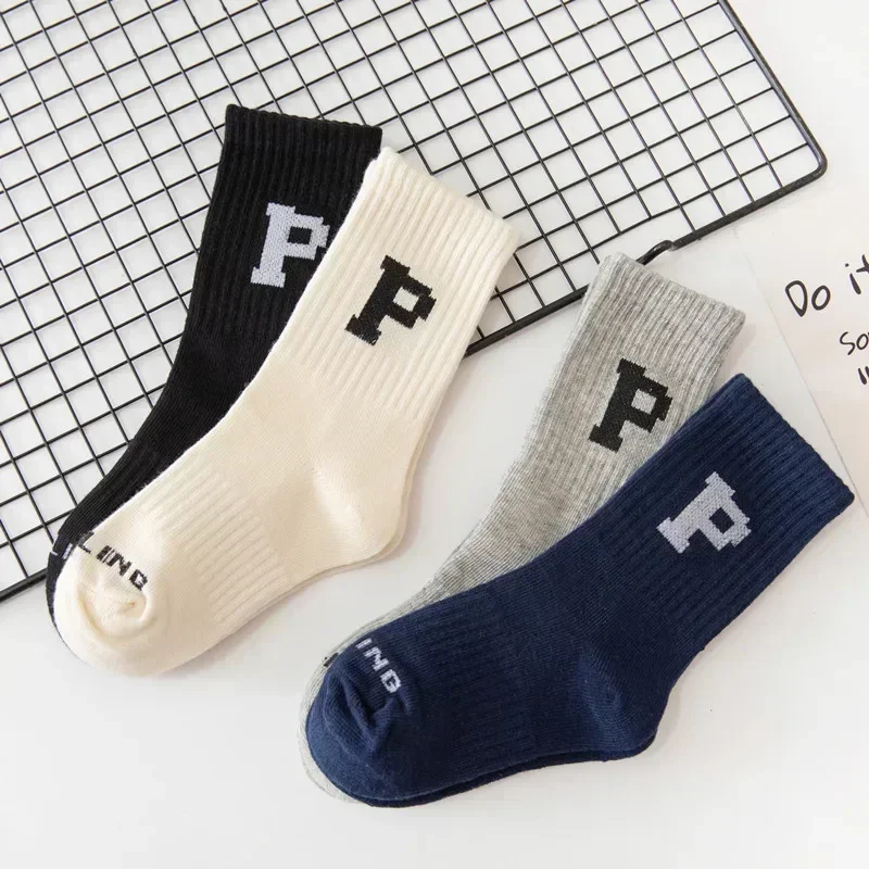 Spring Autumn Kids Boys Girls Sport Socks Fashion Simple Letter P Calf Socks for Children Soft Cotton Breathable Calf Stockings