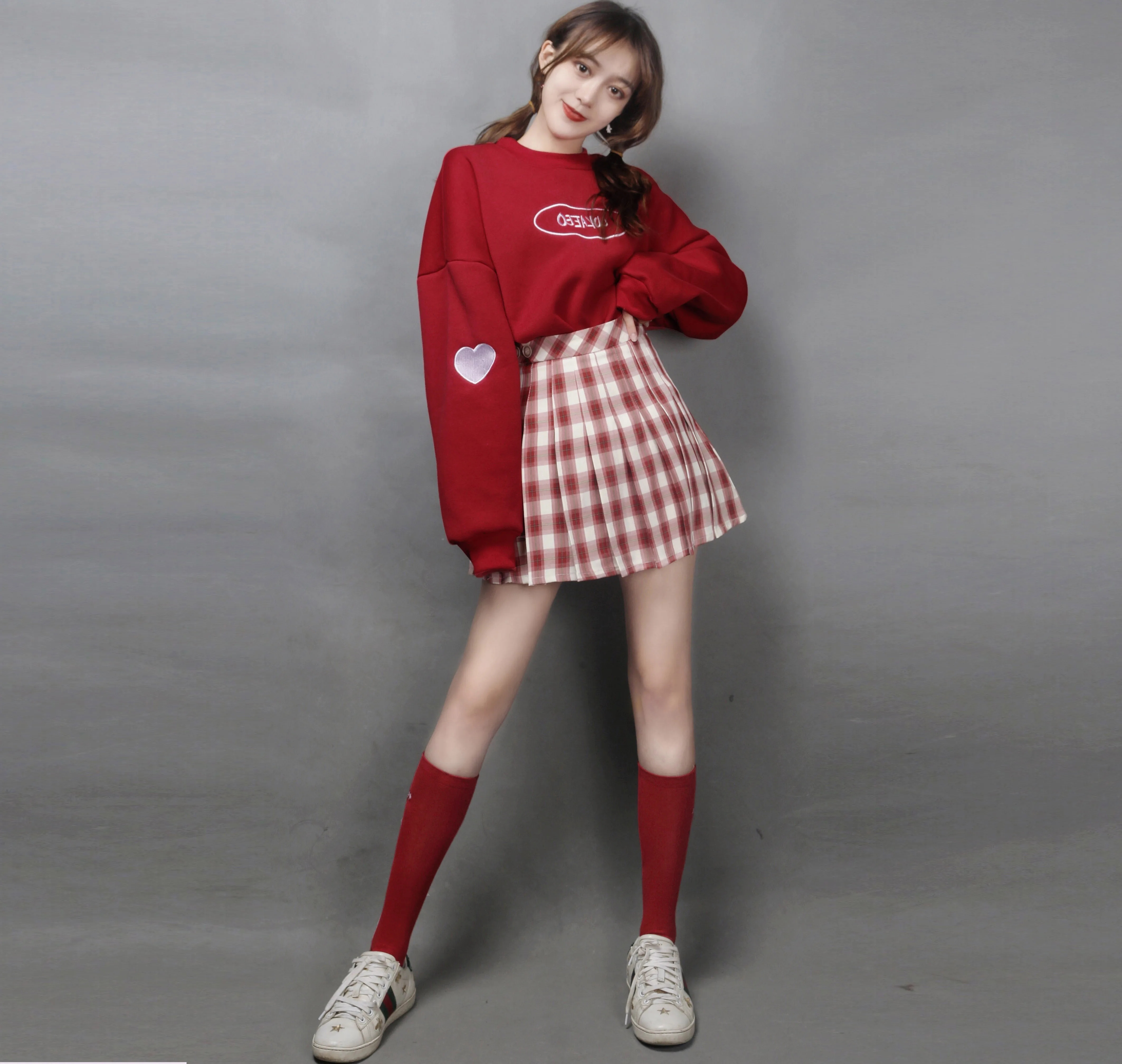 

Autumn Winter Two pieces sets Women Set Korean Loose Hooded Hoodies+Plaid Skirt Preppy style Plus velvet nsemble femme 2 pièces