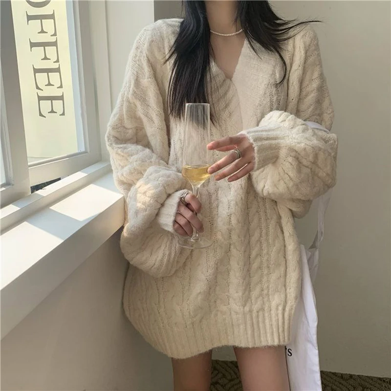 Oversized Sweater Women Fashion Preppy Pink V Neck Knitted Pullovers Harajuku Korean Long Sleeve Knitwear Winter Jumpers