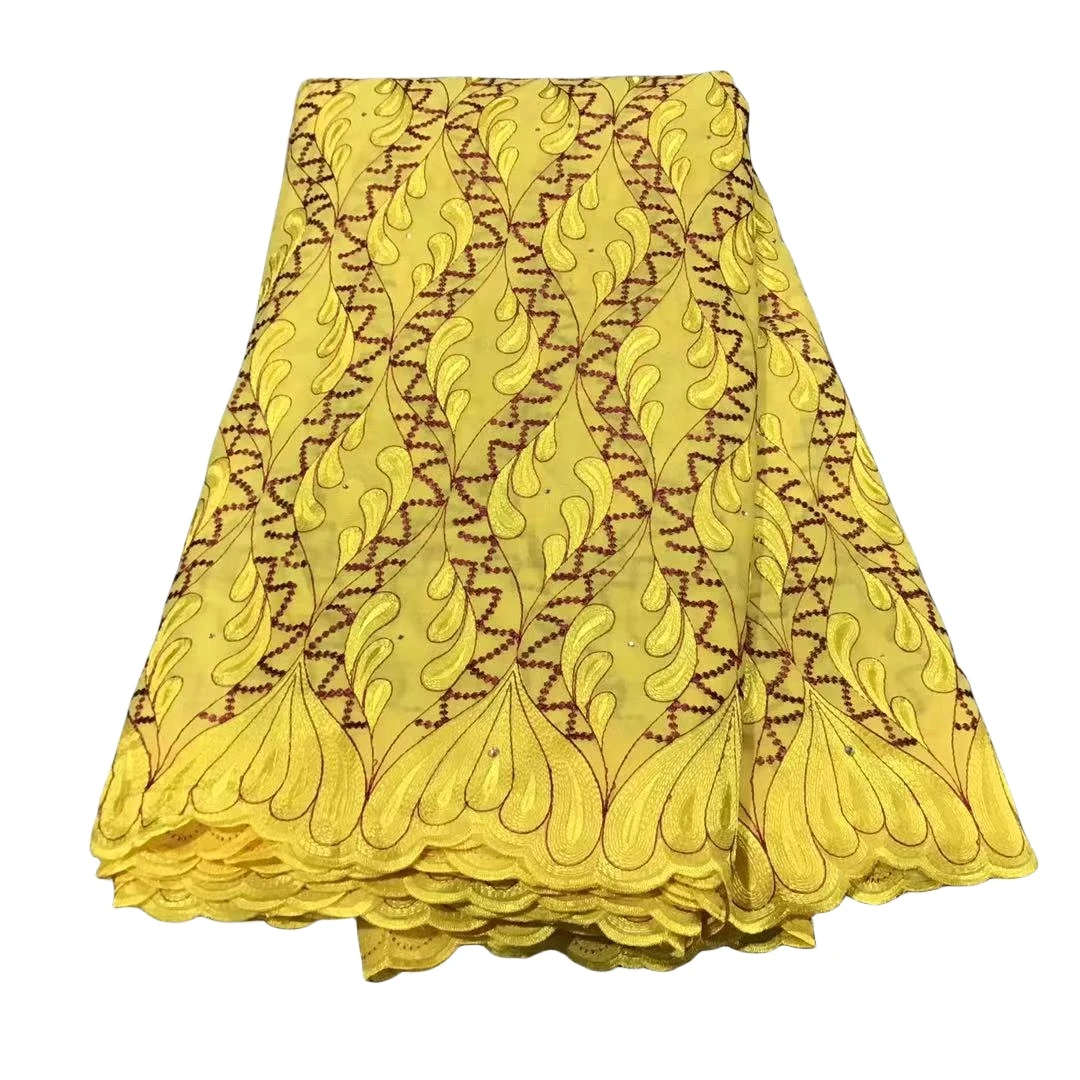 

Yellow African Cotton Lace Fabric 2023 High Quality Swiss Voile Lace With Stones Nigerian Cotton Lace For Women Wedding Dresses