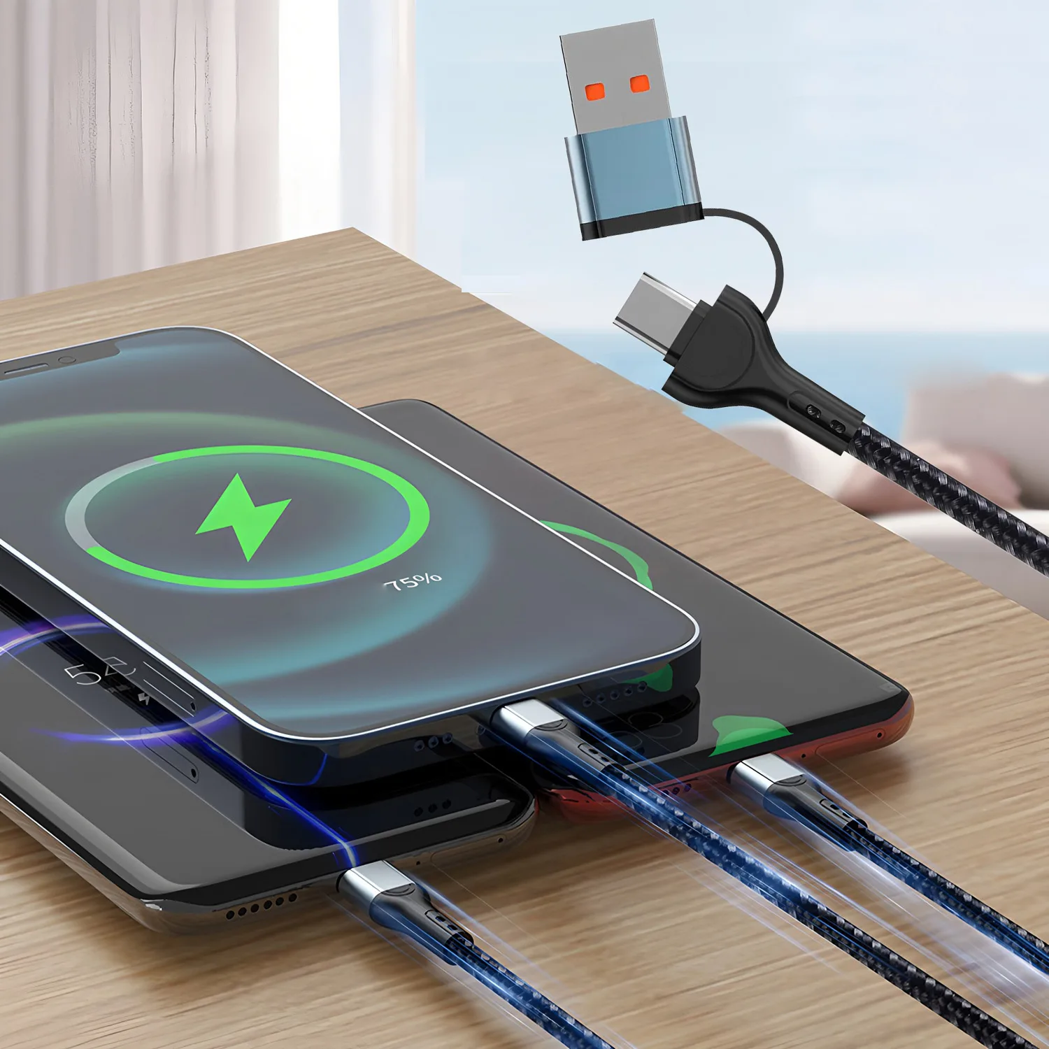 รูปสินค้า สายชาร์จ USB-C 3 ฟังก์ชัน ชาร์จได้ทุกแบรนด์