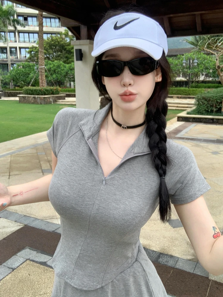 캐주얼 스포티 한 투피스 세트 여성 여름 새로운 꽉 폴로 티셔츠 반팔 탑 하이 웨이스트 a 라인 미니 드레스