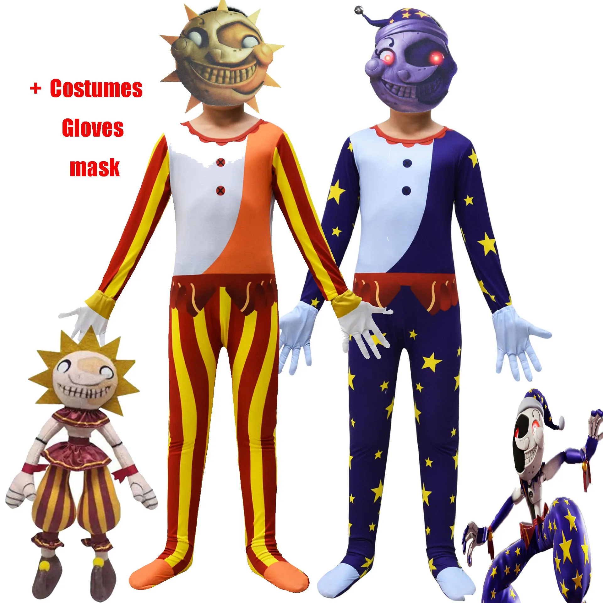 Sundrop Sun clown Boy Jumpsuit Kids Cosplay Anime FNAF Halloween  Performance Costume Bodysuit Fancy Set Children Birthday Gift