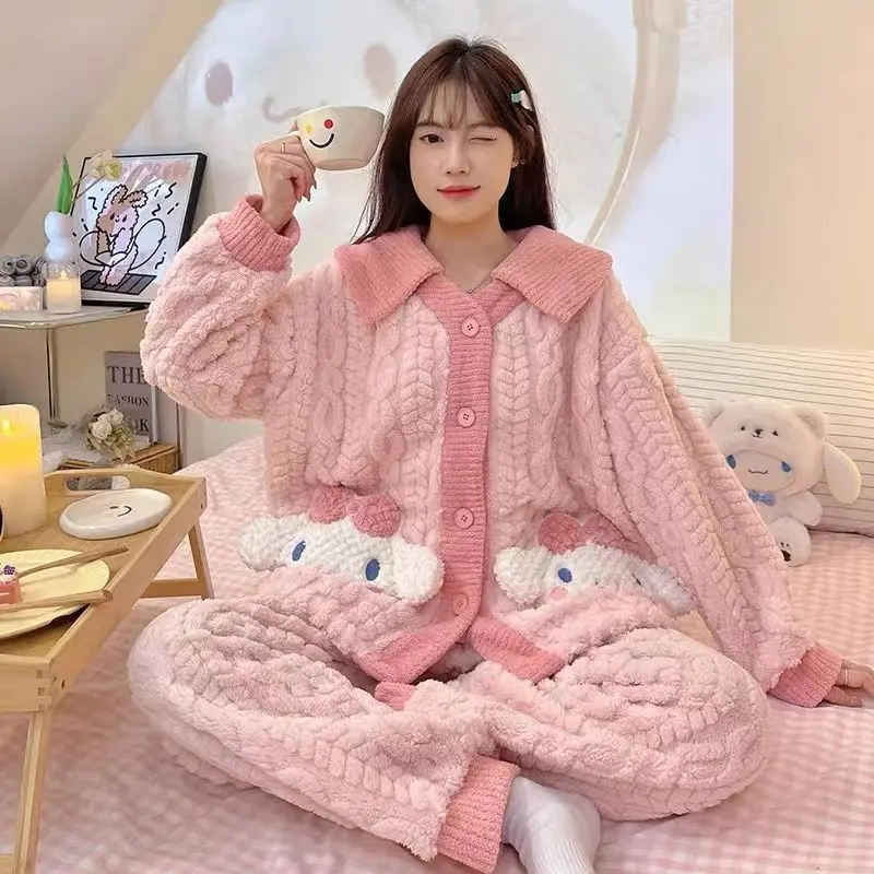 

Sanrio Cinnamoroll Coral Velvet Pajamas Women's Autumn and Winter Plush Thickened Plush My Melody Homewear Set