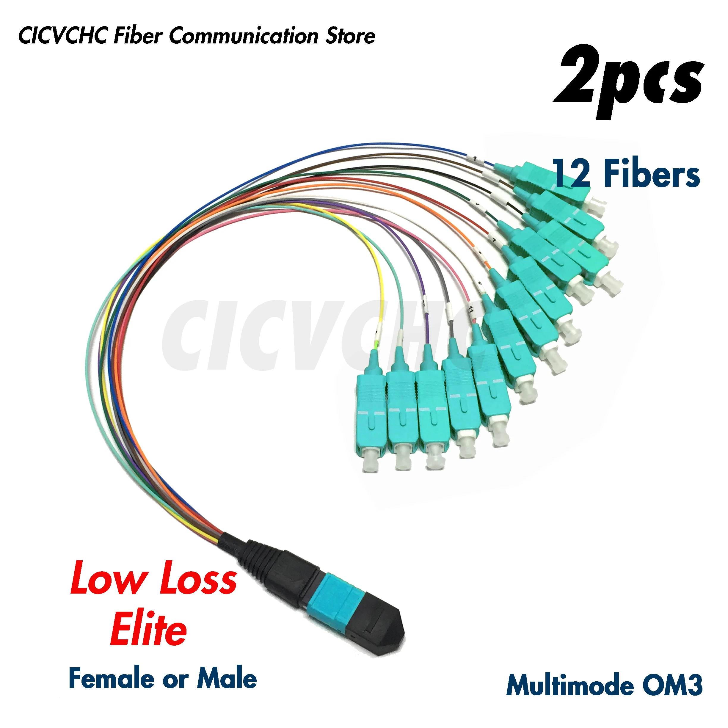 2pcs 12Fibers MPO/UPC - SC/UPC-Harness cable-MM OM3-300-0.35m 0.9mm colored tube-Elite/Low Loss-Male/Female 2pcs 12fibers mpo apc lc apc harness cable sm g657a2 0 35m 0 9mm colored tube male female