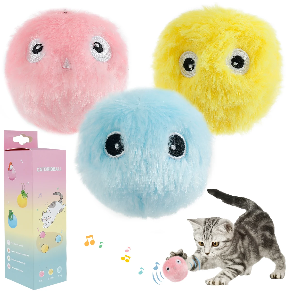 

3pcs Cat Toys Balls Squeaky Fluffy Plush Cat Toys Battery Operated Cat Interactive Toys Balls with Smart Trigger Cat Catnip
