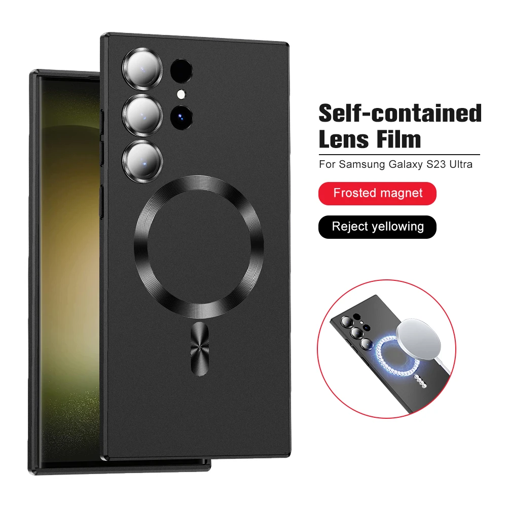 Per Magsafe Slim Matte Metallic Paint Custodia morbida in silicone magnetico per Samsung Galaxy S23 Ultra con obiettivo in vetro Samung S 23 Plus_voghion.com